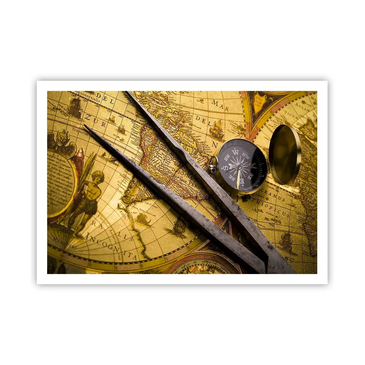 Poster - Eine antike Weltkarte mit einem Kompass und einem Zirkel im Hintergrund - 100x70cm - Wo sind diese Schätze? - Moderne Wanddekoration für Wohnzimmer und Schlafzimmer ARTTOR