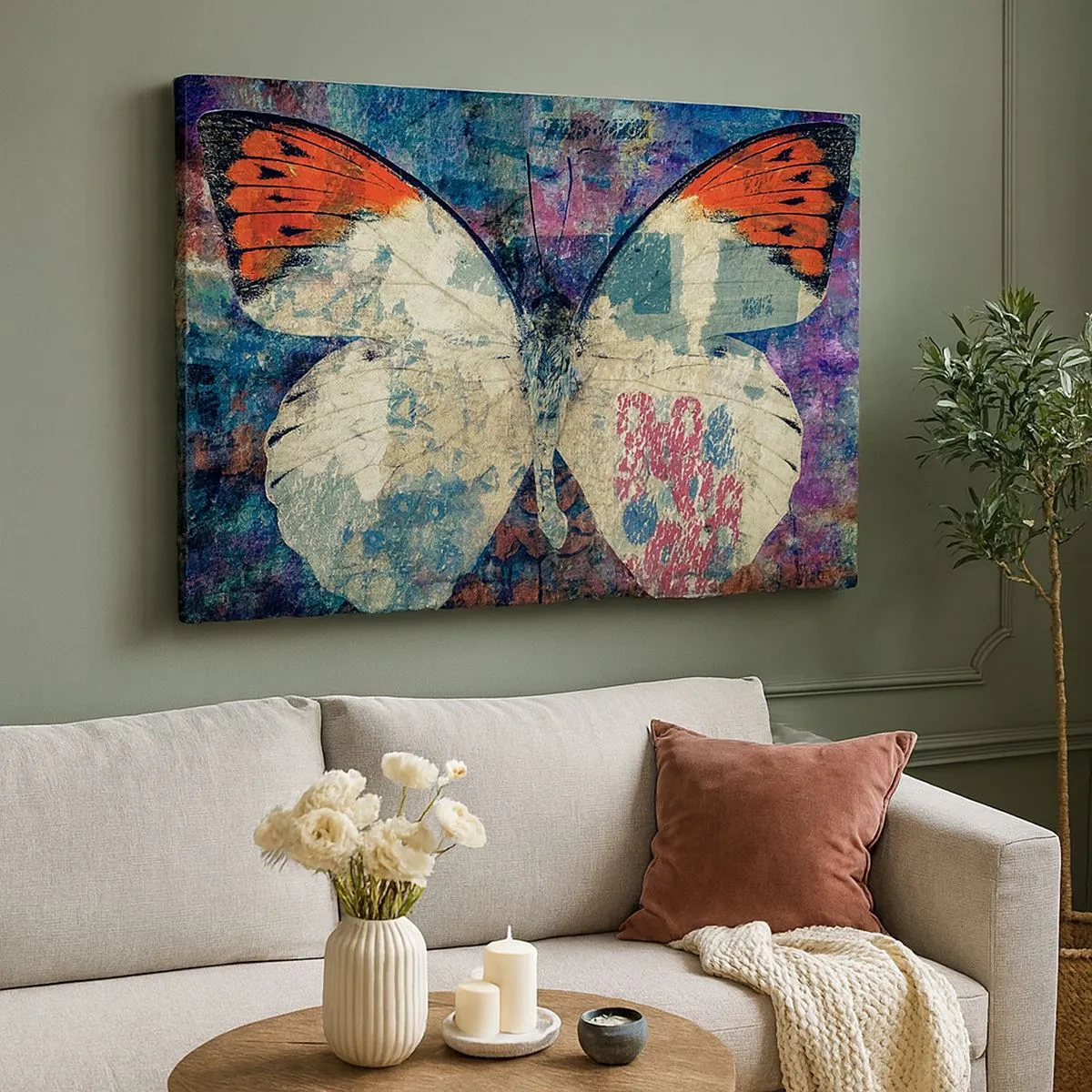 Bild auf Leinwand - Leinwandbild - Schmetterling in einem abstrakten künstlerischen Hintergrund mit bunten Details - 70x50cm - Subtile Zerbrechlichkeit - Moderne Wanddekoration für Wohnzimmer und Schlafzimmer ARTTOR