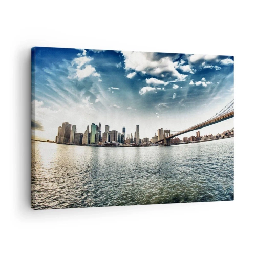 Bild auf Leinwand - Leinwandbild - Panorama der Stadt mit einer Brücke vor dem blauen Himmel - 70x50cm - Glasinsel - Moderne Wanddekoration für Wohnzimmer und Schlafzimmer ARTTOR