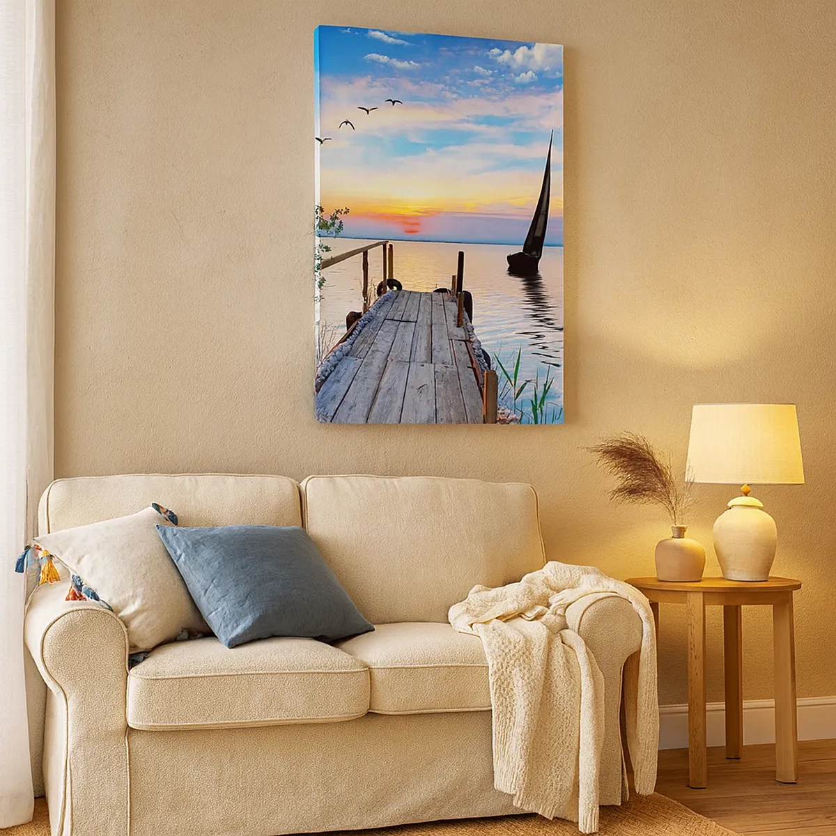 Bild auf Leinwand - Leinwandbild - Seepier mit Boot und Sonnenuntergang - 50x70cm - Guten Abend - Moderne Wanddekoration für Wohnzimmer und Schlafzimmer ARTTOR