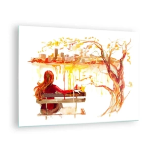 Glasbild - Bild auf glas - Eine Figur auf einer Bank mit Blick auf die Stadt in Aquarell - 70x50cm - Ein Moment der Besinnung - Moderne Wanddekoration für Wohnzimmer und Schlafzimmer ARTTOR
