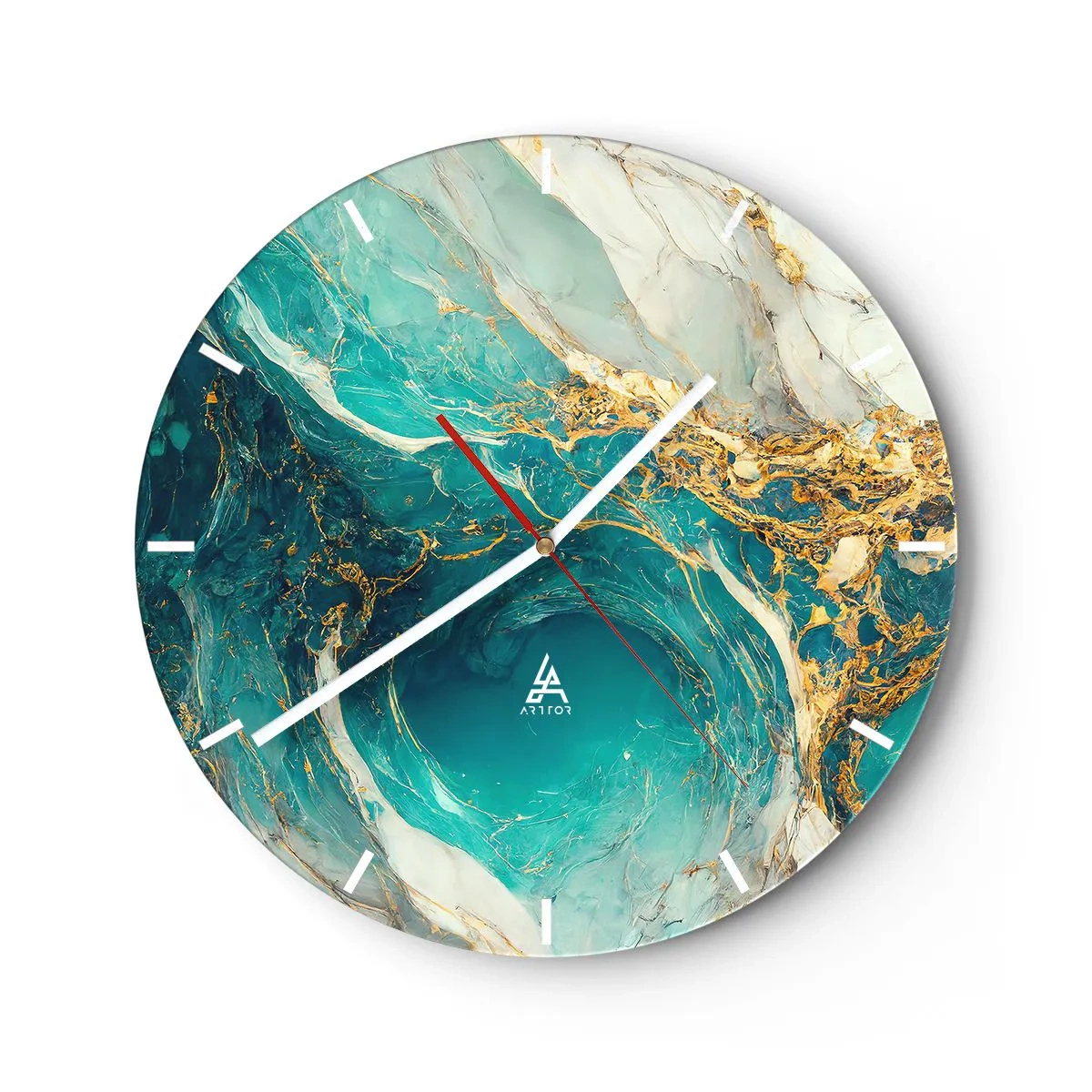 Wanduhr - Glasuhr - Türkis abstrakt mit wirbelndem Goldmuster - 30x30cm - Komposition mit Goldadern - Moderne Wanddekoration für Wohnzimmer, Küche und Schlafzimmer ARTTOR