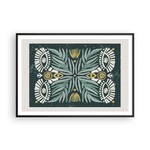 Poster in einem schwarzem Rahmen - Symmetrisches Pflanzenmuster auf grünem Hintergrund - 100x70cm - Wie ein Volksausschnitt - Moderne Wanddekoration für Wohnzimmer und Schlafzimmer ARTTOR