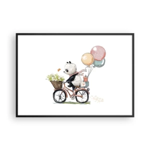 Poster in einem schwarzem Rahmen - Panda auf einem Fahrrad mit Luftballons und Blumen - 100x70cm - Glücklicher Tag - Moderne Wanddekoration für Wohnzimmer und Schlafzimmer ARTTOR