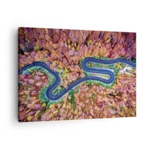 Bild auf Leinwand - Leinwandbild - Eine kurvenreiche Straße in einem herbstlichen Wald aus der Vogelperspektive gesehen - 70x50cm - Kurvenreicher Weg durch den Wald - Moderne Wanddekoration für Wohnzimmer und Schlafzimmer ARTTOR