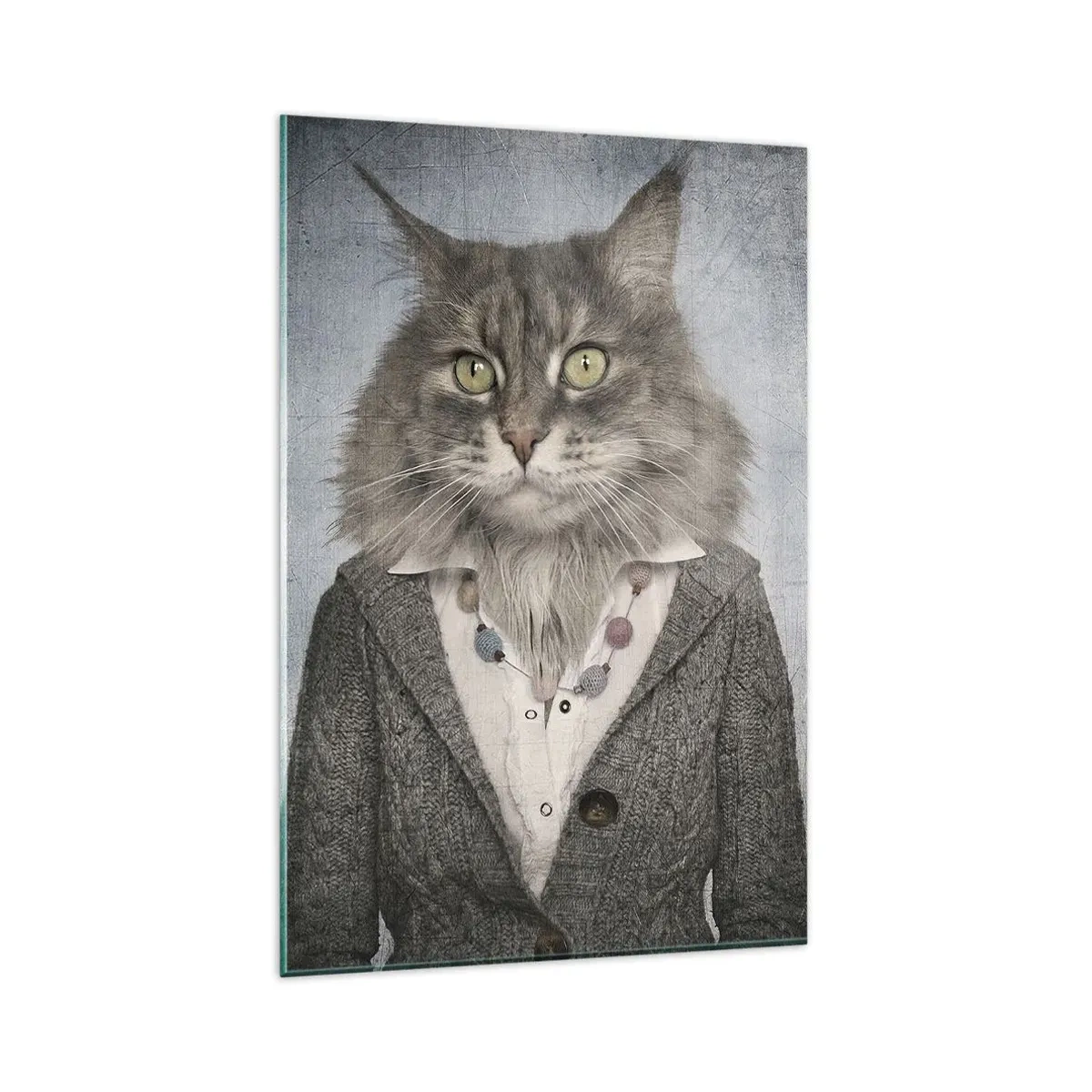 Glasbild - Bild auf glas - Ein Triptychon mit Tierfiguren in eleganter Kleidung vor stilisiertem Hintergrund - 80x120cm - Pelze sind wieder in Mode - Moderne Wanddekoration für Wohnzimmer und Schlafzimmer ARTTOR