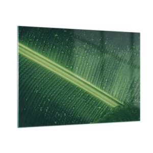 Glasbild - Bild auf glas - Nahaufnahme eines grünen Blattes mit Wassertropfen - 100x70cm - Die Struktur des Grüns - Moderne Wanddekoration für Wohnzimmer und Schlafzimmer ARTTOR