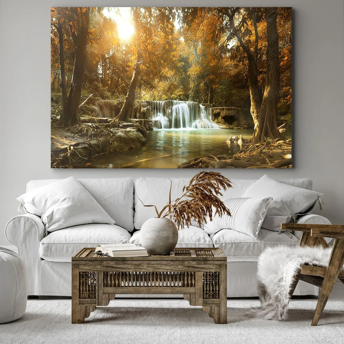 Bild auf Leinwand - Leinwandbild - Herbstlandschaft mit Wasserfall - 70x50cm - Parkkaskade - Moderne Wanddekoration für Wohnzimmer und Schlafzimmer ARTTOR