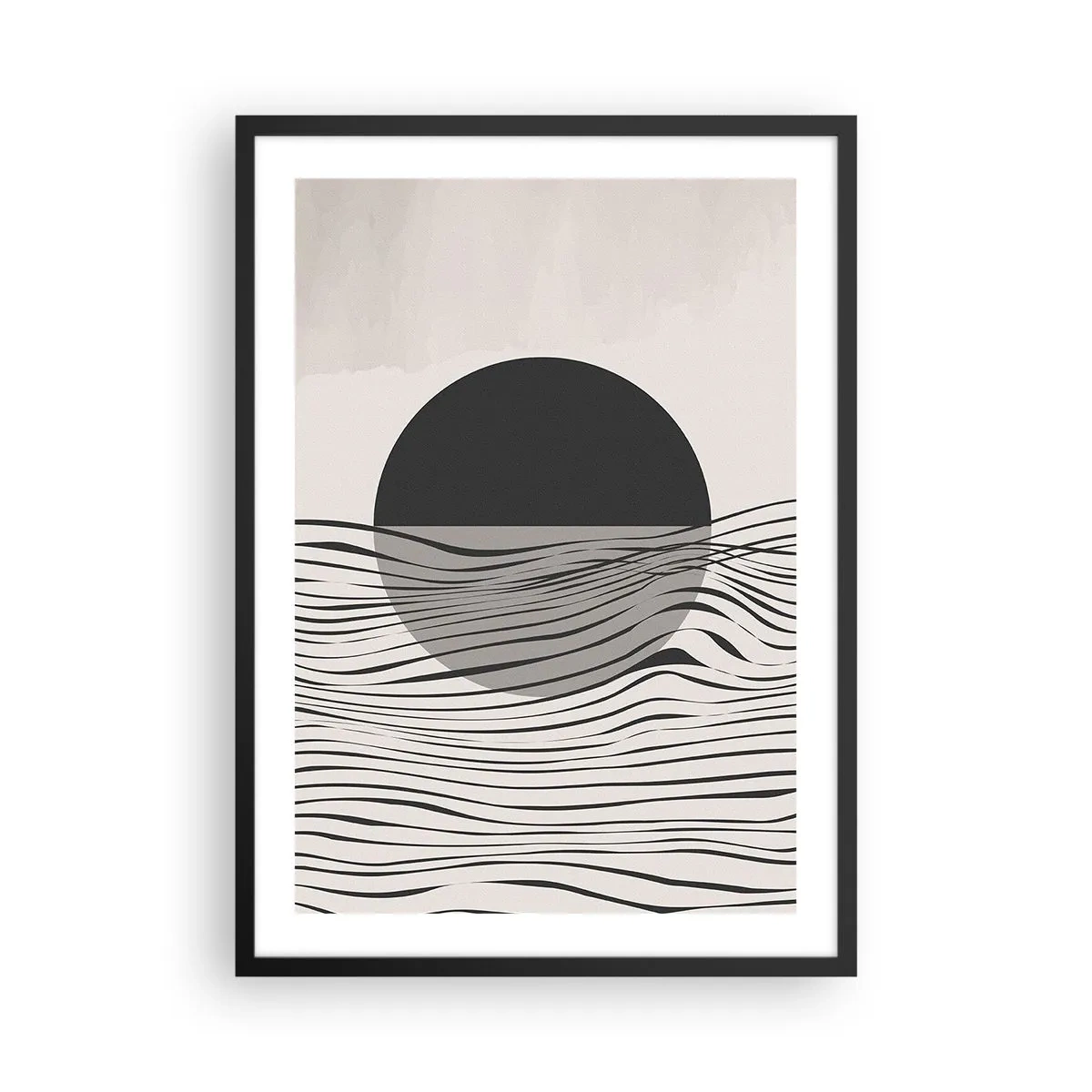 Poster in einem schwarzem Rahmen - Abstrakter Sonnenuntergang mit Wellenlinien - 50x70cm - Halbe Komposition - Moderne Wanddekoration für Wohnzimmer und Schlafzimmer ARTTOR