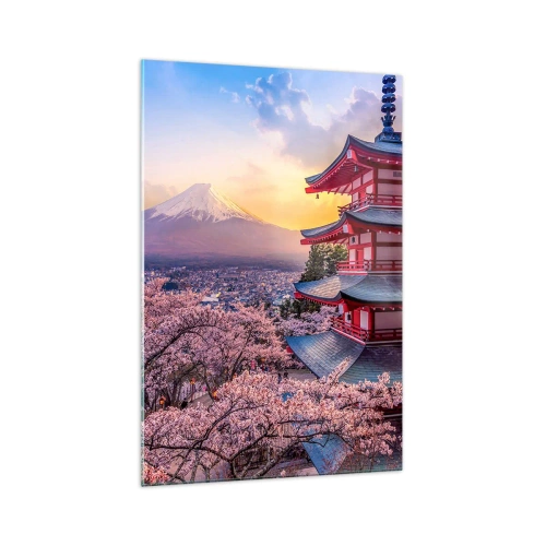 Glasbild - Bild auf glas - Eine Pagode in Japan mit Kirschblüten und dem Berg Fuji - 70x100cm - Die Essenz des japanischen Geistes - Moderne Wanddekoration für Wohnzimmer und Schlafzimmer ARTTOR