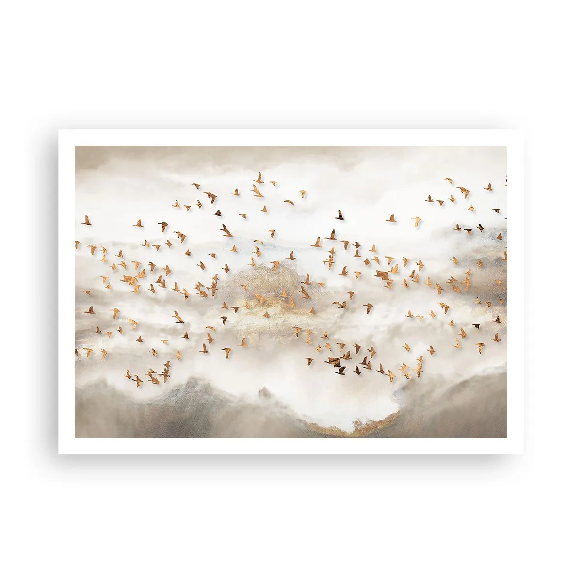 Poster - Goldene Vögel vor den nebligen Bergen - 100x70cm - Es ist schon die Zeit… - Moderne Wanddekoration für Wohnzimmer und Schlafzimmer ARTTOR