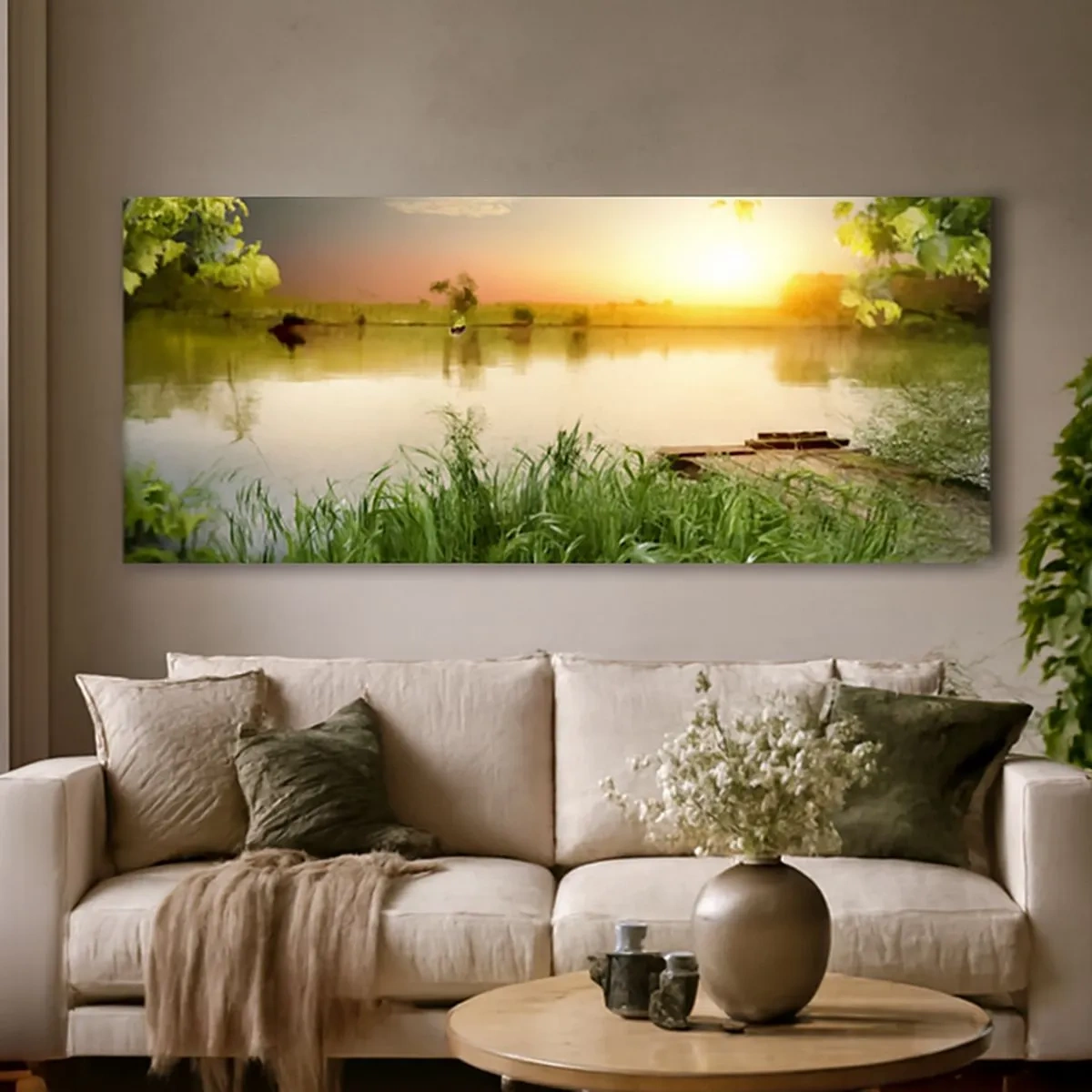 Bild auf Leinwand - Leinwandbild - Landschaft in einem grünen Rahmen - 100x40 cm