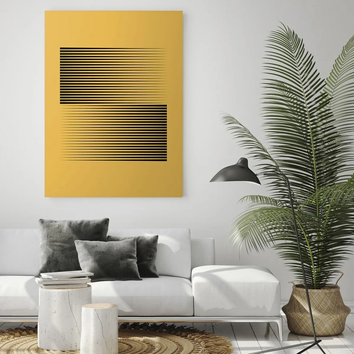 Glasbild - Bild auf glas - Vertikale schwarze Linien auf gelbem Hintergrund - 80x120cm - Quadratur der Gegensätze - Moderne Wanddekoration für Wohnzimmer und Schlafzimmer ARTTOR
