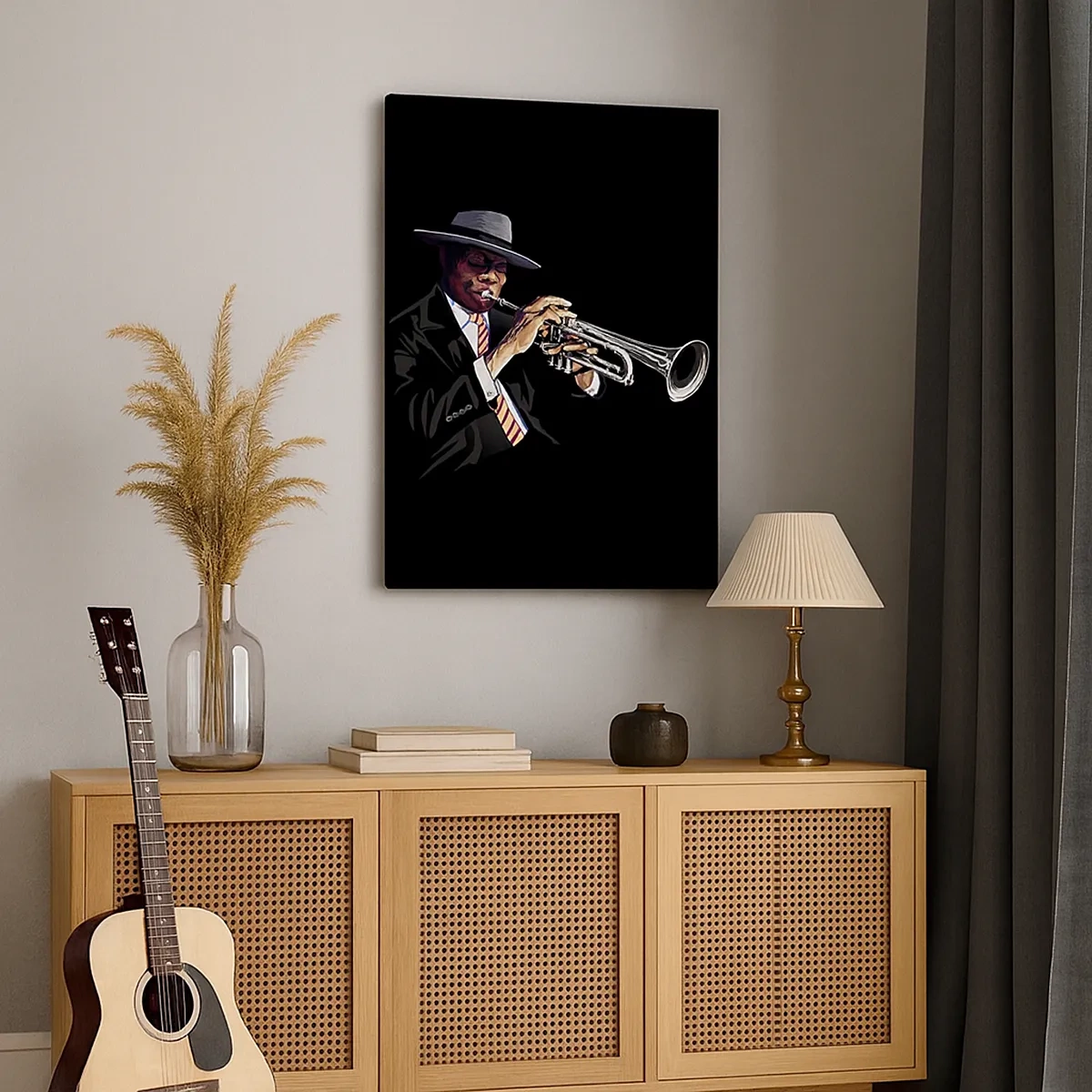 Bild auf Leinwand - Leinwandbild - Ein Musiker spielt Trompete vor schwarzem Hintergrund - 50x70cm - Charme der alten Schule - Moderne Wanddekoration für Wohnzimmer und Schlafzimmer ARTTOR