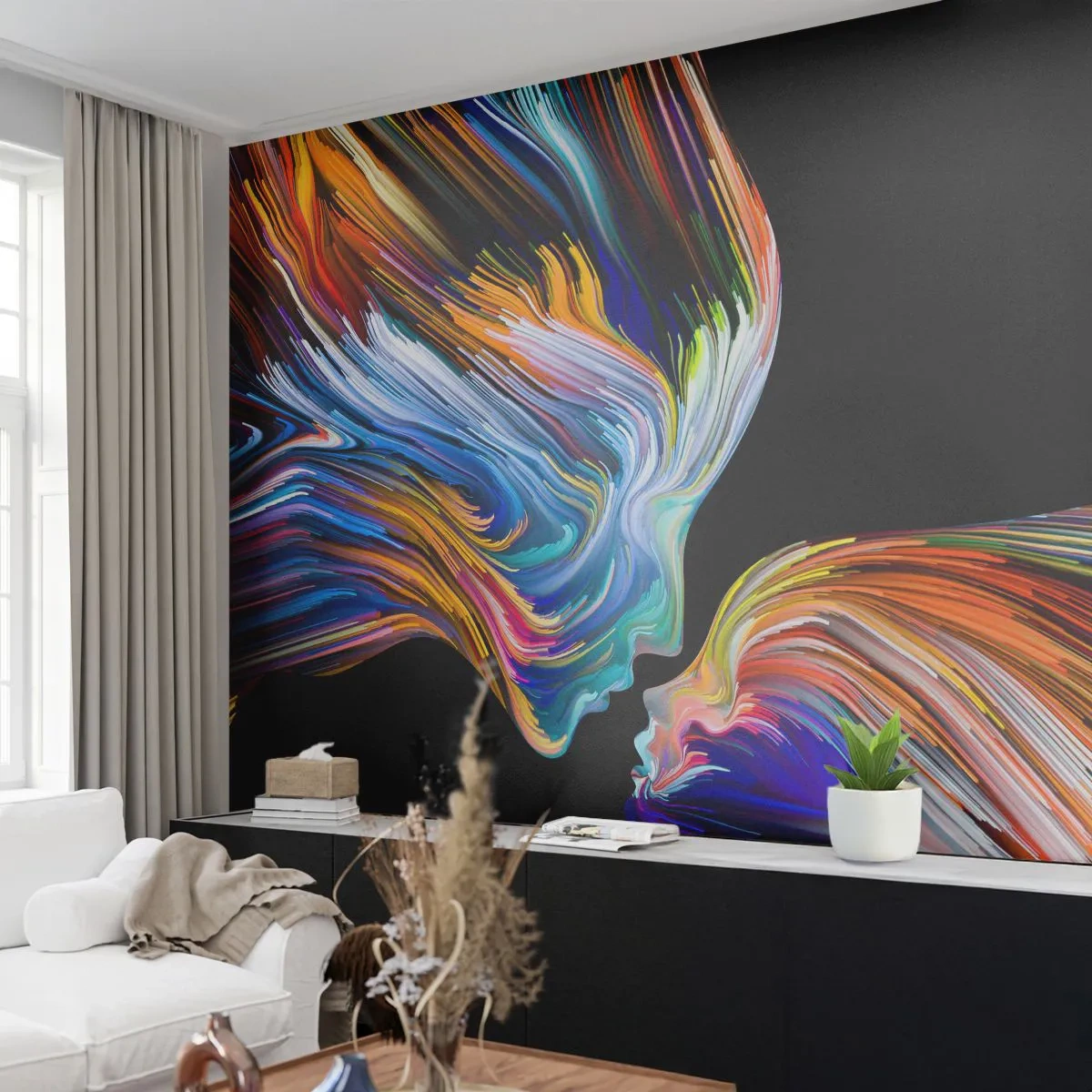 Selbstklebende Fototapete Deluxe Sticker - Eine Verschmelzung von Energie und Licht - Abstraktion, Das Gesicht einer Frau, Stück - 250x175 cm