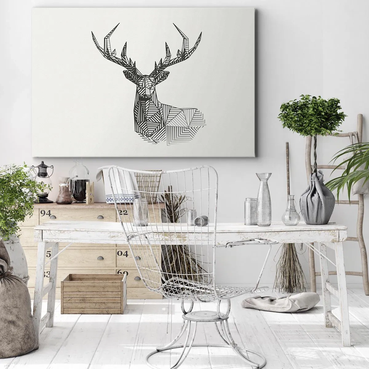 Bild auf Leinwand - Leinwandbild - Geometrisches Bild eines Hirsches im minimalistischen Schwarz-Weiß-Stil - 70x50cm - Ein Hirsch im kubistischen Stil - Moderne Wanddekoration für Wohnzimmer und Schlafzimmer ARTTOR