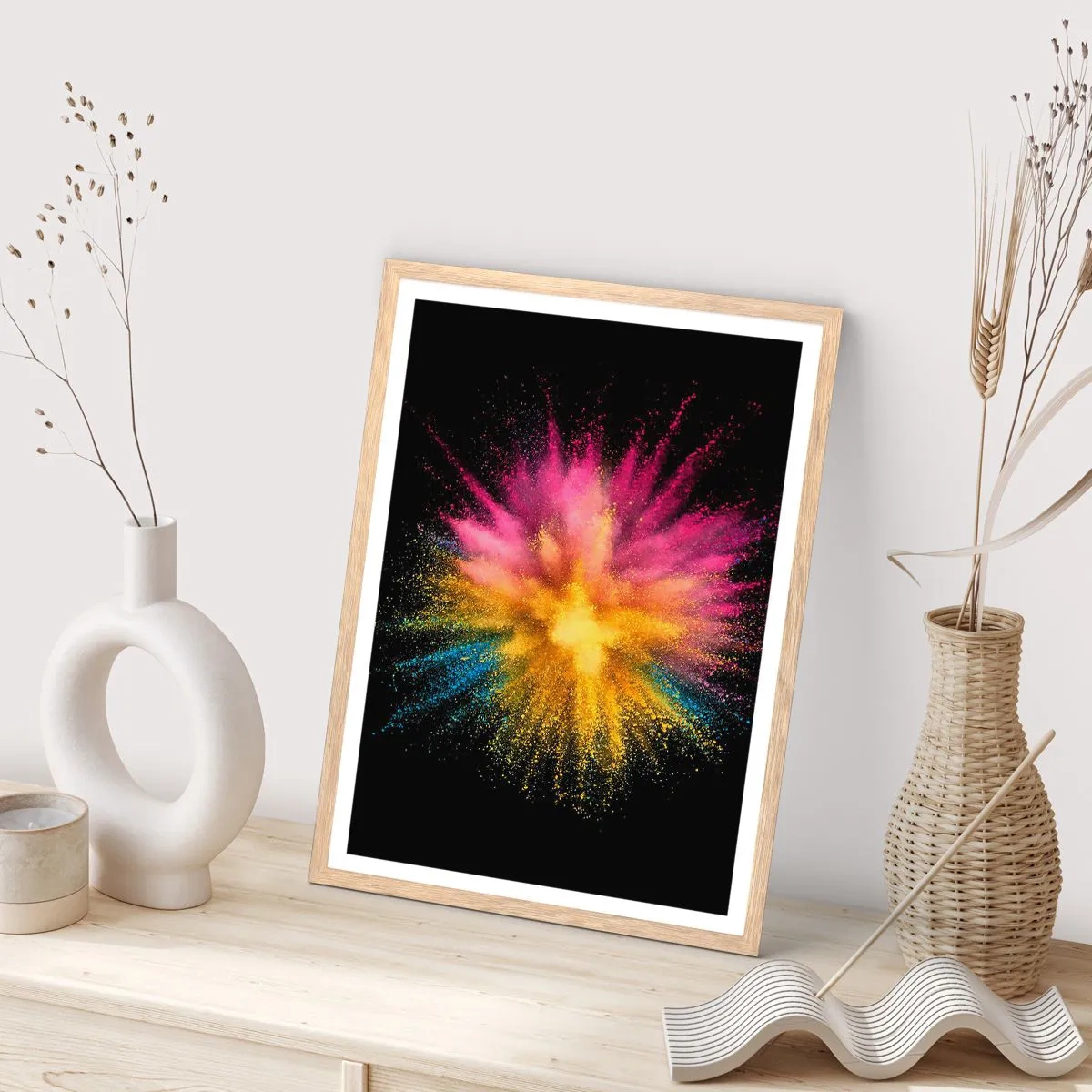 Poster in einem Rahmen aus heller Eiche - Die Geburt der Farben - 70x100 cm