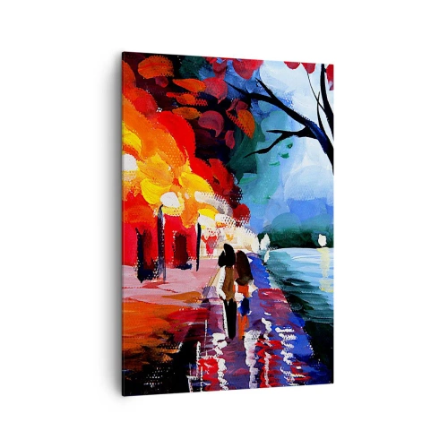 Bild auf Leinwand - Leinwandbild - Ein Herbstspaziergang entlang des Weges mit Blick auf das Wasser - 70x100cm - Strahlender Herbst im Park - Moderne Wanddekoration für Wohnzimmer und Schlafzimmer ARTTOR