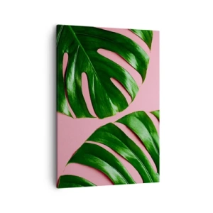 Bild auf Leinwand - Leinwandbild - Grüne Monstera-Blätter auf rosa Hintergrund - 50x70cm - Rendezvous im Grünen - Moderne Wanddekoration für Wohnzimmer und Schlafzimmer ARTTOR