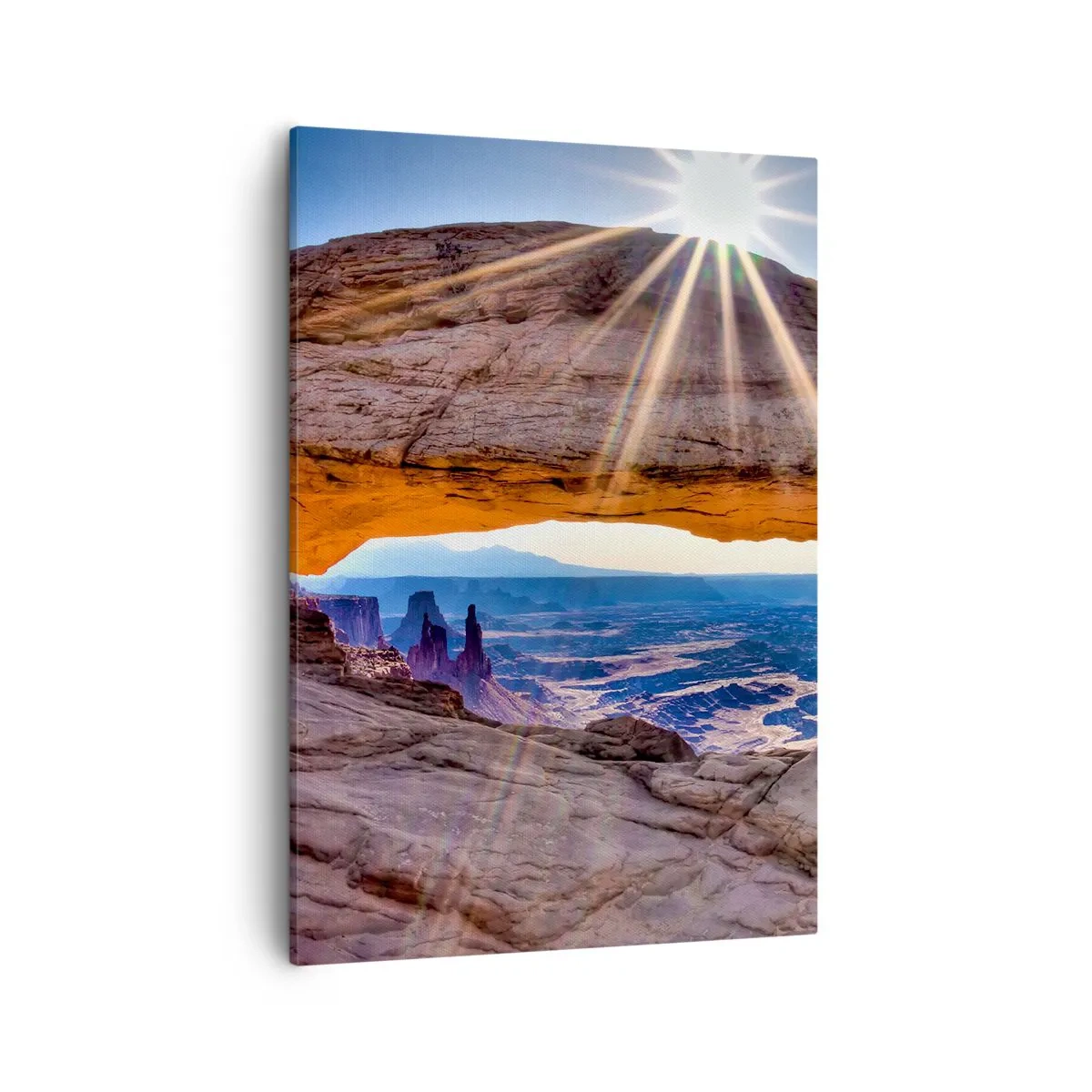 Bild auf Leinwand - Leinwandbild - Felsbogen mit Blick auf den Canyon bei Sonnenaufgang - 50x70cm - Durch das Felsentor - Moderne Wanddekoration für Wohnzimmer und Schlafzimmer ARTTOR