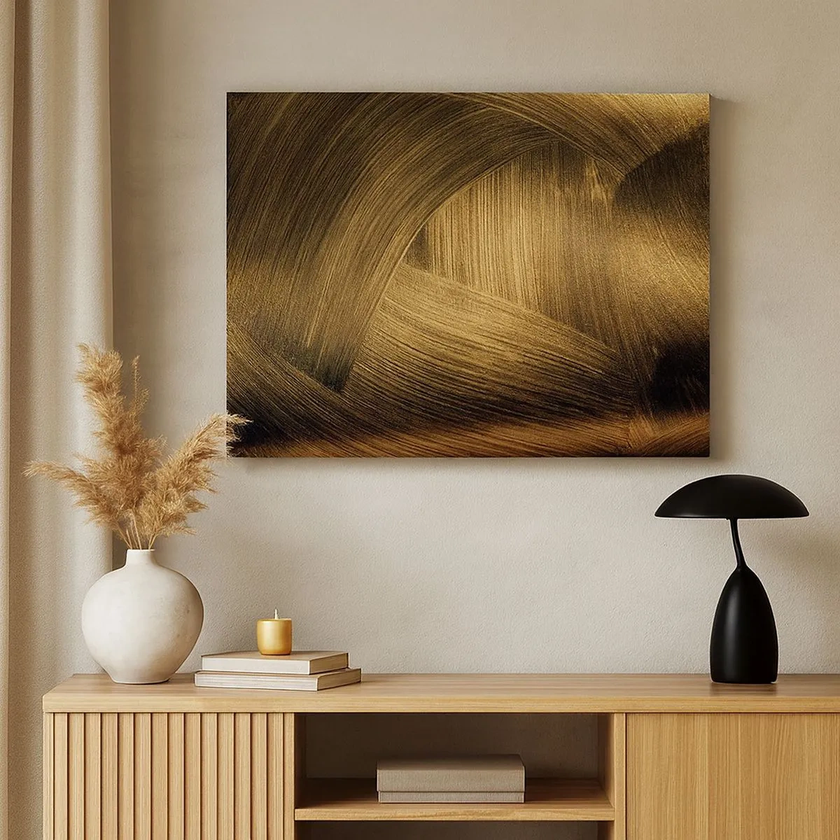 Bild auf Leinwand - Leinwandbild - Goldene abstrakte Pinselstriche - 70x50cm - In einem goldenen Labyrinth - Moderne Wanddekoration für Wohnzimmer und Schlafzimmer ARTTOR