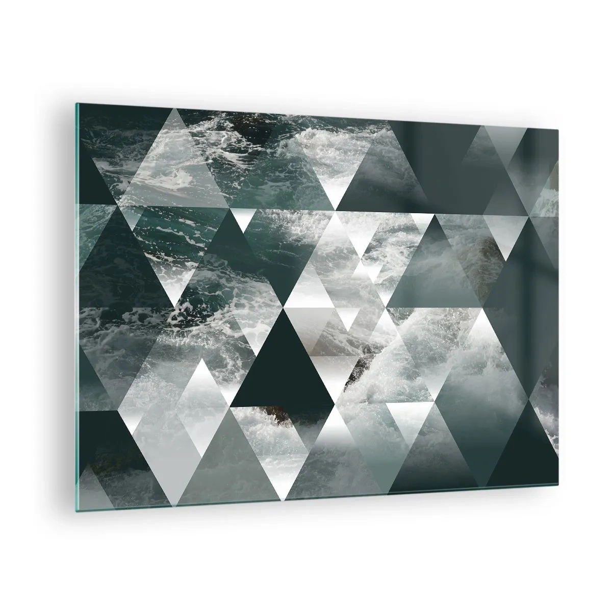 Glasbild - Bild auf glas - Abstrakte Komposition aus Dreiecken mit Wasserwellenmotiv - 70x50cm - Kristallperspektive - Moderne Wanddekoration für Wohnzimmer und Schlafzimmer ARTTOR