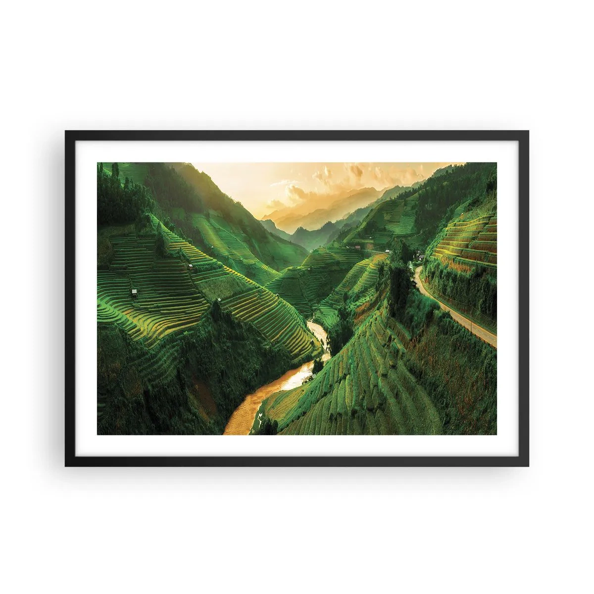 Poster in einem schwarzem Rahmen - Malerische Reisterrassen in einem grünen Tal, beleuchtet von der untergehenden Sonne - 70x50cm - Vietnamesisches Tal - Moderne Wanddekoration für Wohnzimmer und Schlafzimmer ARTTOR