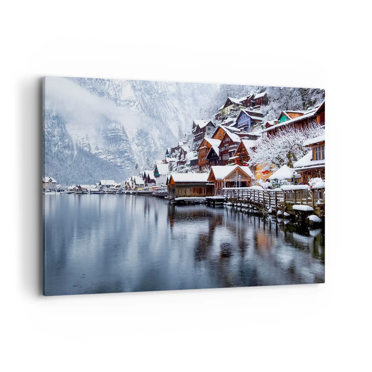 Bild auf Leinwand - Leinwandbild - Winteransicht eines Bergdorfes am See - 120x80cm - In winterlicher Dekoration - Moderne Wanddekoration für Wohnzimmer und Schlafzimmer ARTTOR