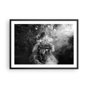 Poster in einem schwarzem Rahmen - Eine Schwarz-Weiß-Komposition mit einer Figur in einem Kleid und einem Käfig im Nebel. - 70x50cm - Mutter selbst - Natur - Moderne Wanddekoration für Wohnzimmer und Schlafzimmer ARTTOR