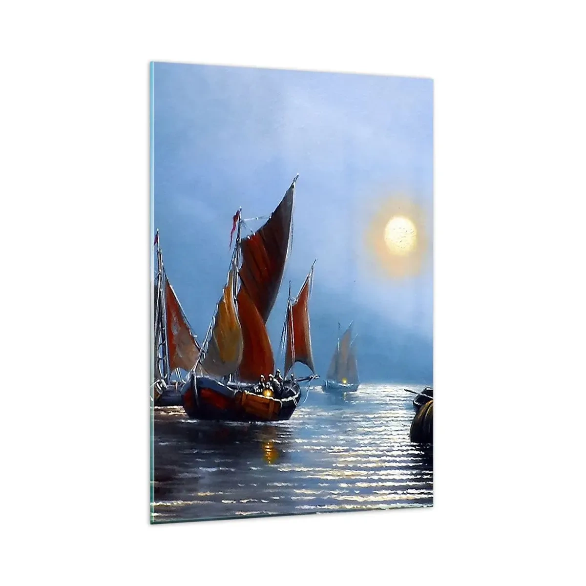 Glasbild - Bild auf glas - Boote mit Segeln auf ruhigem Wasser bei Sonnenuntergang - 80x120cm - Nachtfang - Moderne Wanddekoration für Wohnzimmer und Schlafzimmer ARTTOR