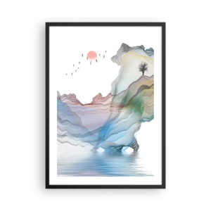 Poster in einem schwarzem Rahmen - Bunte, geschichtete Berge über einem ruhigen See mit einem Baum - 50x70cm - Zu den Kristallbergen - Moderne Wanddekoration für Wohnzimmer und Schlafzimmer ARTTOR