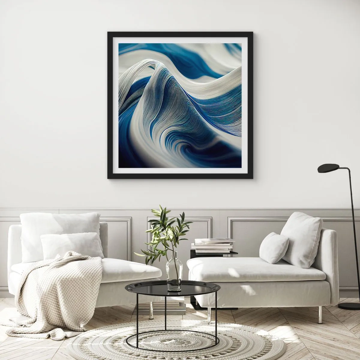 Poster in einem schwarzem Rahmen - Fließfähigkeit von Blau und Weiß - 30x30 cm