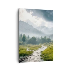 Bild auf Leinwand - Leinwandbild - Eine Berglandschaft mit einem Fluss und Bäumen, umgeben von nebligen Bergen - 50x70cm - Hin und zurück - Moderne Wanddekoration für Wohnzimmer und Schlafzimmer ARTTOR