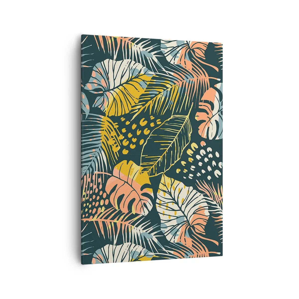 Bild auf Leinwand - Leinwandbild - Bunte Blätter auf dunklem Hintergrund - 70x100cm - Grüne Fantasie - Moderne Wanddekoration für Wohnzimmer und Schlafzimmer ARTTOR