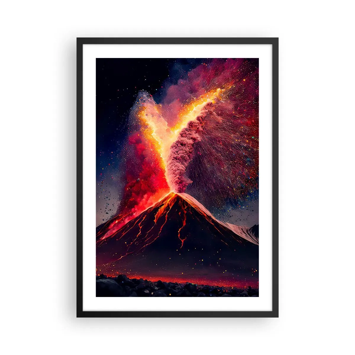 Poster in einem schwarzem Rahmen - Ein ausbrechender Vulkan in einer Nachtlandschaft - 50x70cm - Schönheit und Horror - Moderne Wanddekoration für Wohnzimmer und Schlafzimmer ARTTOR
