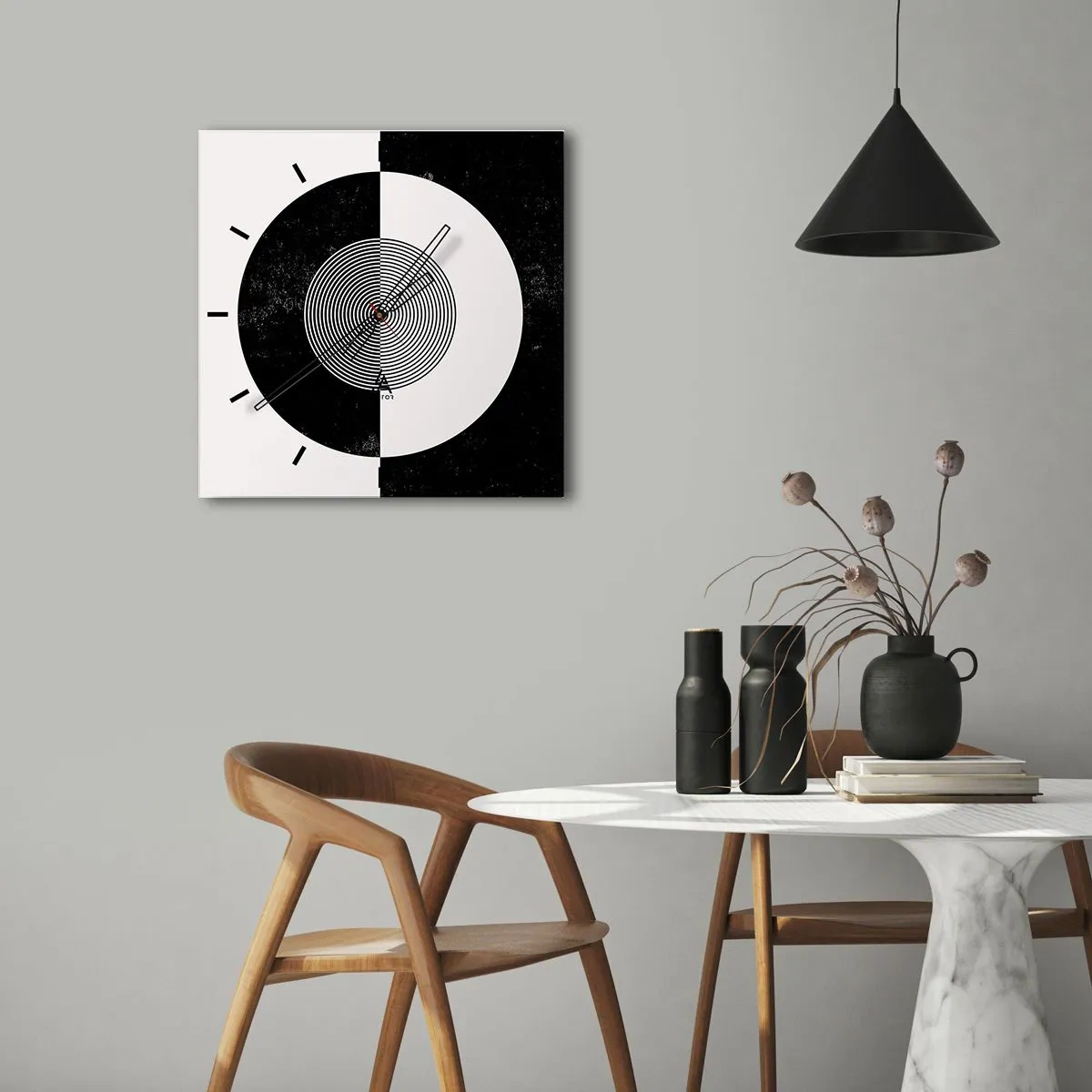 Wanduhr - Glasuhr - Grafisches Muster in kontrastierendem Schwarz und Weiß - 30x30cm - Harmonie in Schwarz und Weiß - Moderne Wanddekoration für Wohnzimmer und Schlafzimmer ARTTOR