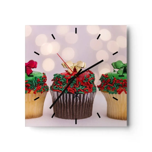 Wanduhr - Glasuhr - Weihnachts-Cupcakes mit bunten Streuseln und Schleifen - 30x30cm - Süßigkeiten bis zu der Schleife - Moderne Wanddekoration für Wohnzimmer und Schlafzimmer ARTTOR