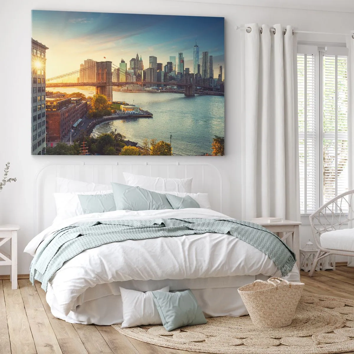 Bild auf Leinwand - Leinwandbild - Panorama der Stadt mit der Brücke bei Sonnenuntergang - 100x70cm - Morgendämmerung der Großstadt - Moderne Wanddekoration für Wohnzimmer und Schlafzimmer ARTTOR