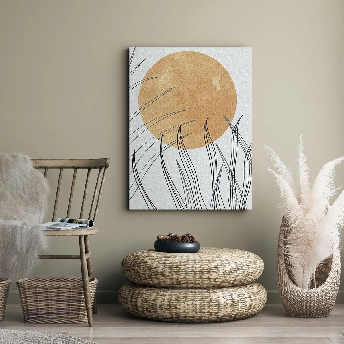 Bild auf Leinwand - Leinwandbild - Abstrakte Grashalme vor dem Hintergrund einer großen orangefarbenen Sonne - 50x70cm - Immer der Sonne entgegen - Moderne Wanddekoration für Wohnzimmer und Schlafzimmer ARTTOR