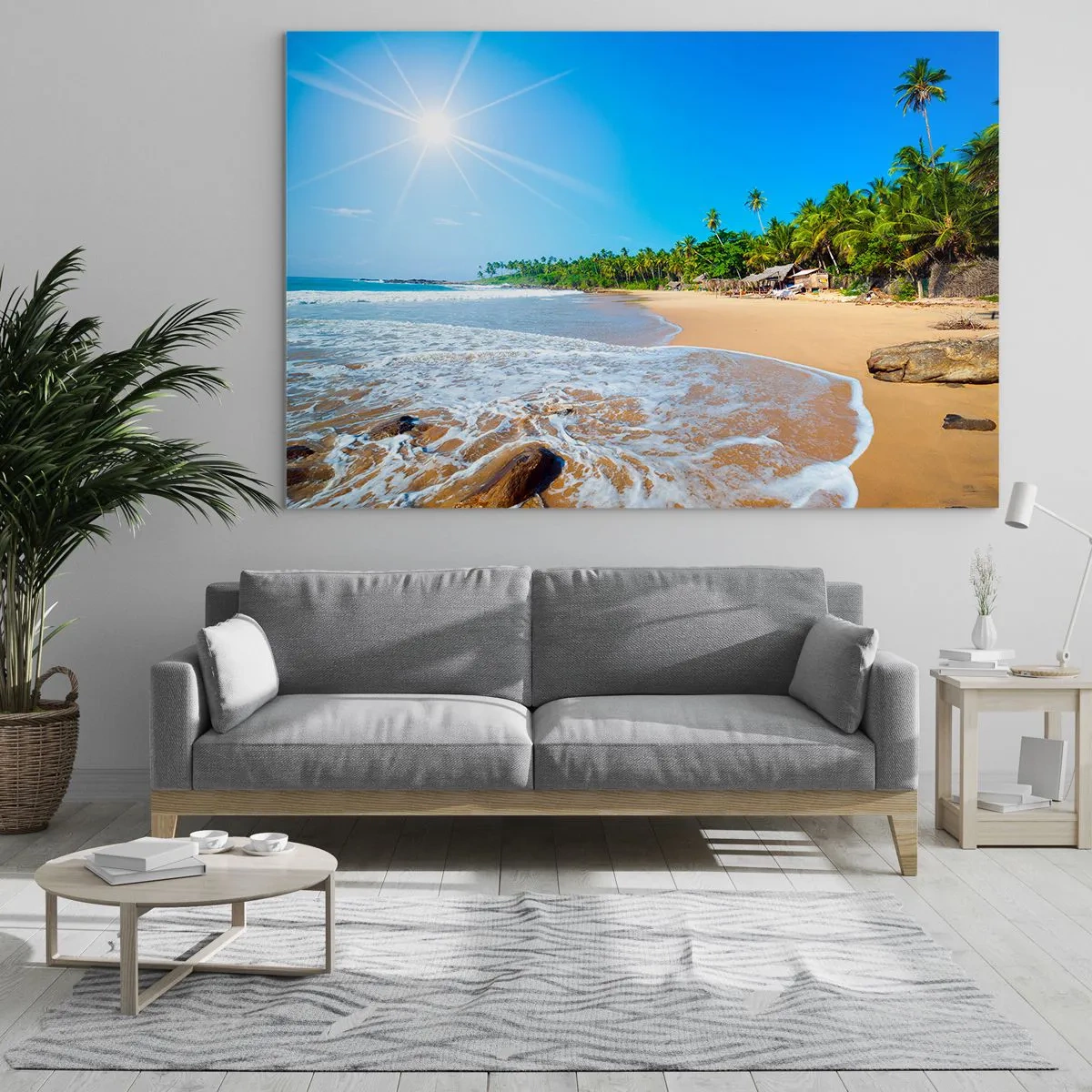 Glasbild - Bild auf glas - Tropischer Strand mit Palmen und Wellen unter blauem Himmel - 70x50cm - Ein exotischer Ort für dich - Moderne Wanddekoration für Wohnzimmer und Schlafzimmer ARTTOR