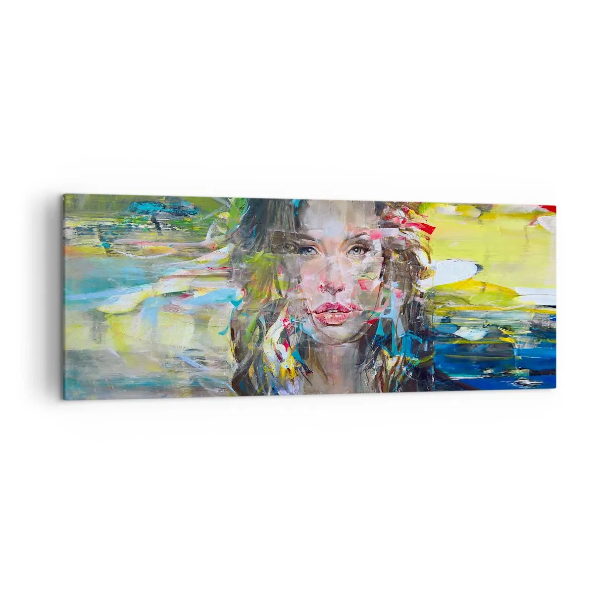Bild auf Leinwand - Leinwandbild - Abstraktes Frauenporträt in intensiven Farben - 140x50cm - Hinter der Luft ein Vorhang - Moderne Wanddekoration für Wohnzimmer und Schlafzimmer ARTTOR