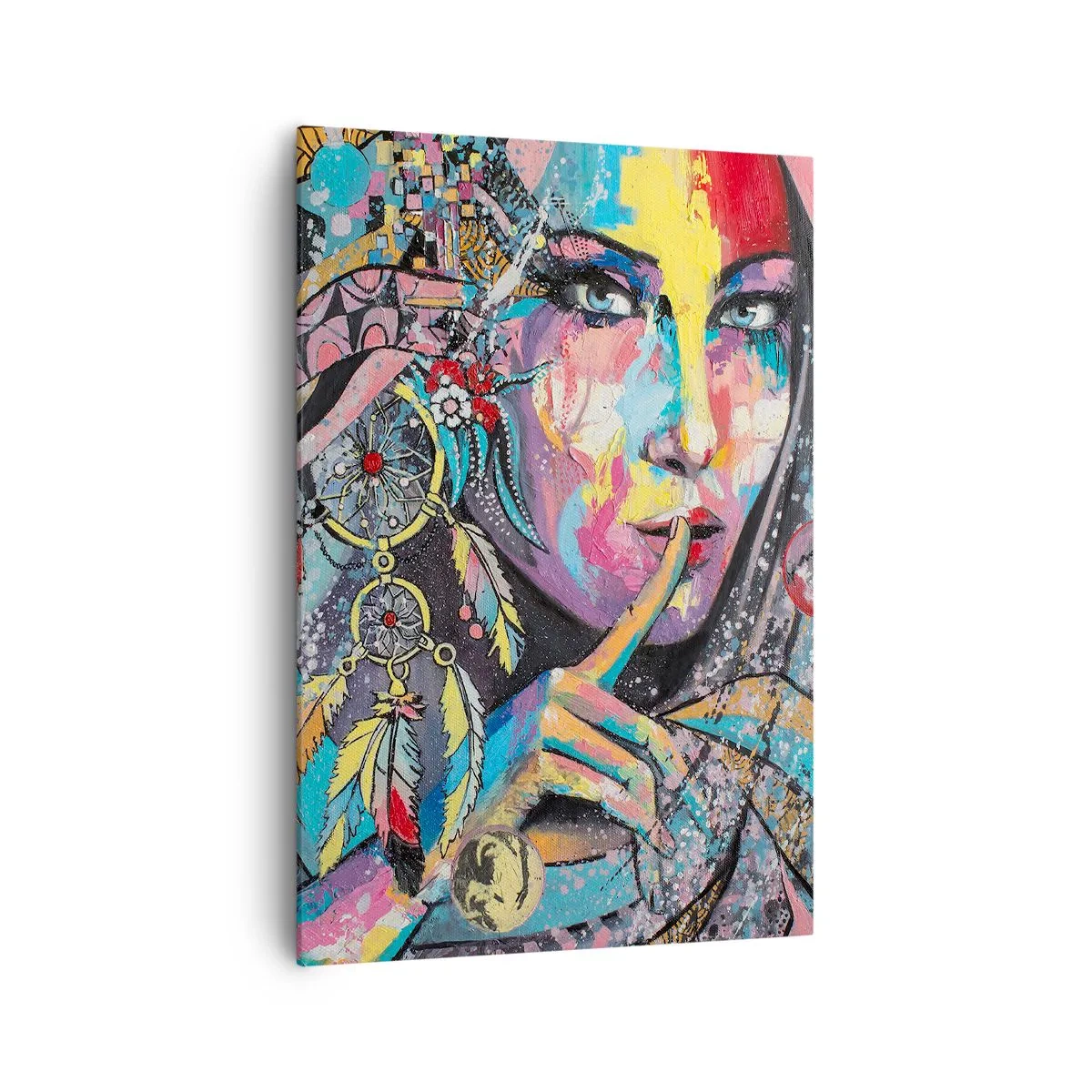 Bild auf Leinwand - Leinwandbild - Buntes weibliches Gesicht im künstlerischen Stil - 70x100cm - Sei still, bis du verstehst - Moderne Wanddekoration für Wohnzimmer und Schlafzimmer ARTTOR