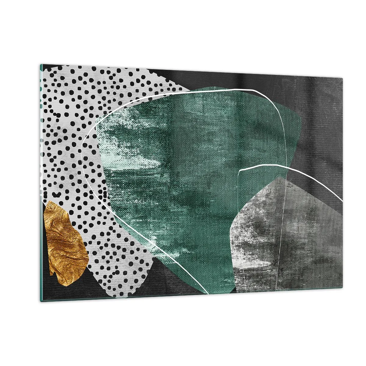 Glasbild - Bild auf glas - Grüne Formen mit schwarzem Hintergrund und goldenem Akzent - 120x80cm - Bunte Abstraktion mit Blattgold - Moderne Wanddekoration für Wohnzimmer und Schlafzimmer ARTTOR