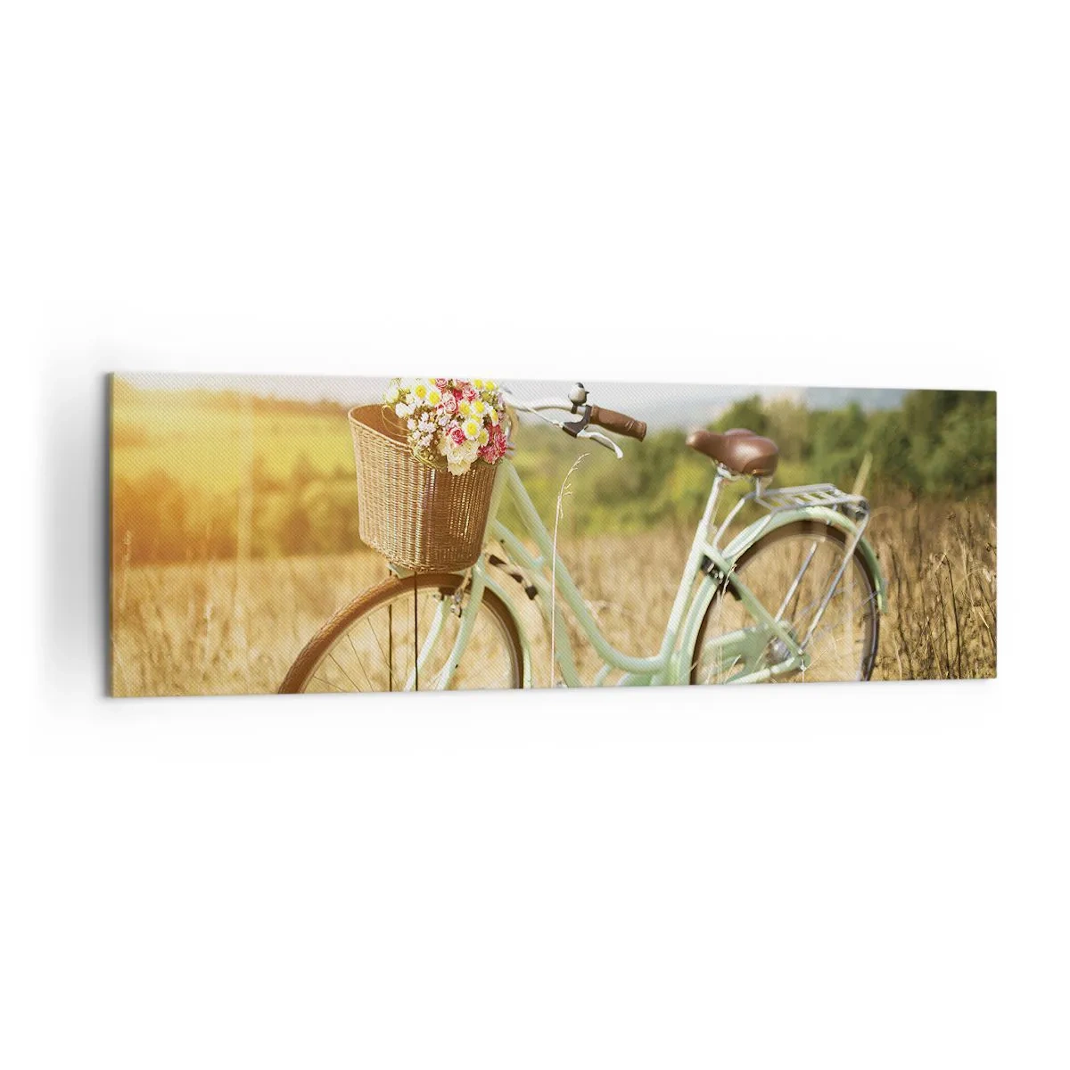 Bild auf Leinwand - Leinwandbild - Ein Retro-Fahrrad mit einem Korb voller Blumen vor einem Wiesenhintergrund. - 160x50cm - Ich bleibe eine Weile hier - Moderne Wanddekoration für Wohnzimmer und Schlafzimmer ARTTOR