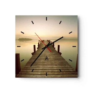 Wanduhr - Glasuhr - Ein Holzsteg an einem ruhigen See am Morgen - 30x30cm - Tagesanbruch, Morgendämmerung, Licht - Moderne Wanddekoration für Wohnzimmer und Schlafzimmer ARTTOR