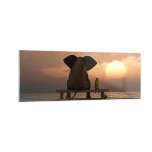 Glasbild - Bild auf glas - Ein Elefant und ein Hund sitzen während des Sonnenuntergangs auf einer Bank am Strand. - 140x50cm - Es tut gut zusammen zu schweigen - Moderne Wanddekoration für Wohnzimmer und Schlafzimmer ARTTOR