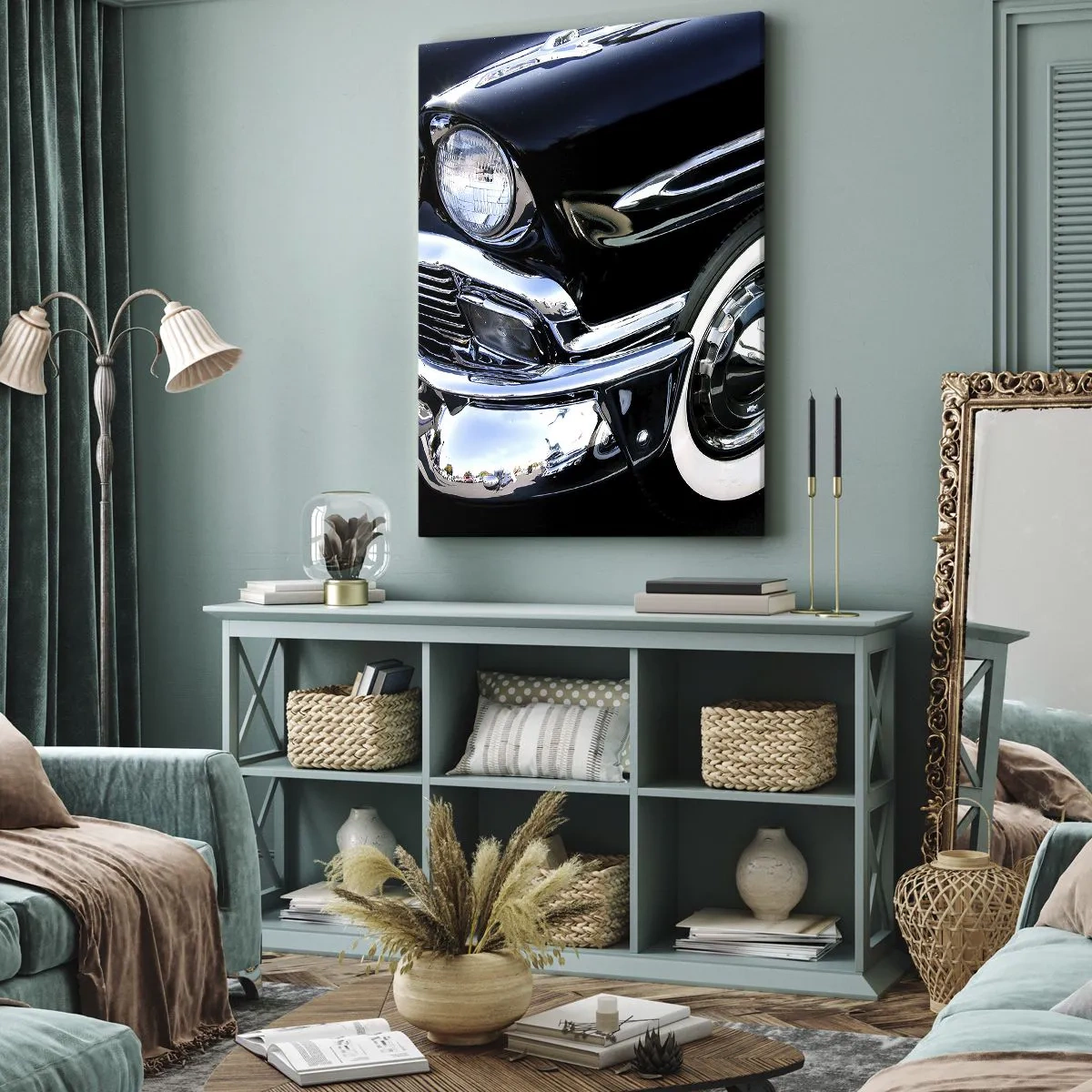 Bild auf Leinwand - Leinwandbild - Schwarzer Oldtimer, Nahaufnahme von Scheinwerfer und Kotflügel - 50x70cm - Klassiker in Silber, Schwarz und Weiß - Moderne Wanddekoration für Wohnzimmer und Schlafzimmer ARTTOR