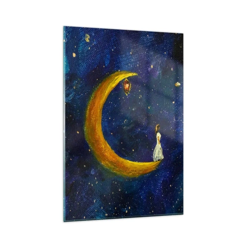 Glasbild - Bild auf glas - Ein Mädchen steht auf dem Mond in einem Sternenhimmel - 80x120cm - Der Ruf der Welt - Moderne Wanddekoration für Wohnzimmer und Schlafzimmer ARTTOR