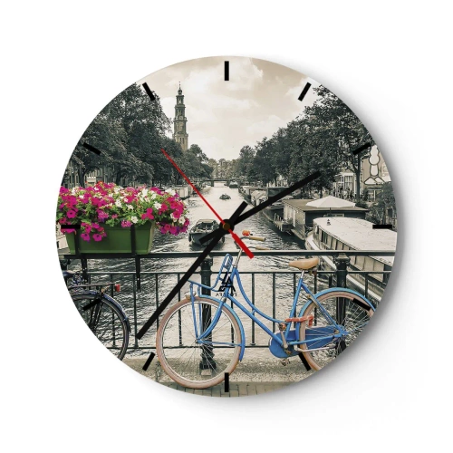 Wanduhr - Glasuhr - Eine Fahrradbrücke über einen Kanal in Amsterdam - 30x30cm - Die Farben der Amsterdamer Straße - Moderne Wanddekoration für Wohnzimmer, Küche und Schlafzimmer ARTTOR