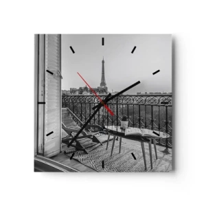 Wanduhr - Glasuhr - Blick auf den Eiffelturm vom Balkon mit Liegestühlen und Tisch - 30x30cm - Pariser Nachmittag - Moderne Wanddekoration für Wohnzimmer und Schlafzimmer ARTTOR